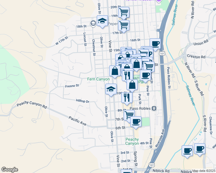 map of restaurants, bars, coffee shops, grocery stores, and more near 1025 Vine Street in Paso Robles