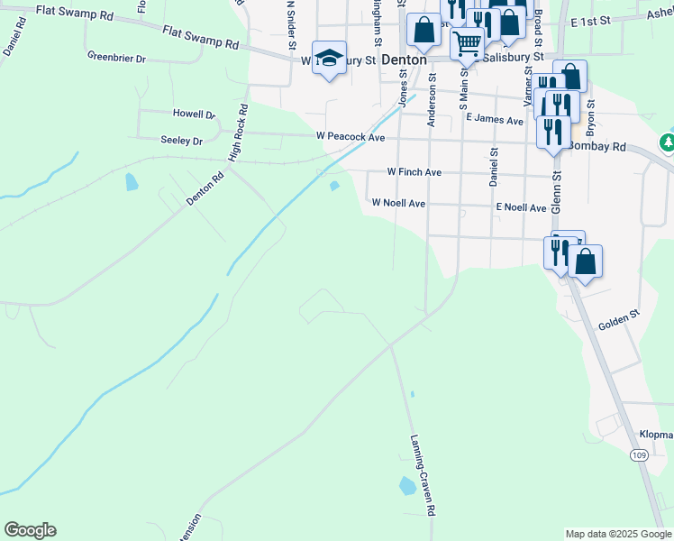 map of restaurants, bars, coffee shops, grocery stores, and more near 106 Mount Vista Health Park Road in Denton