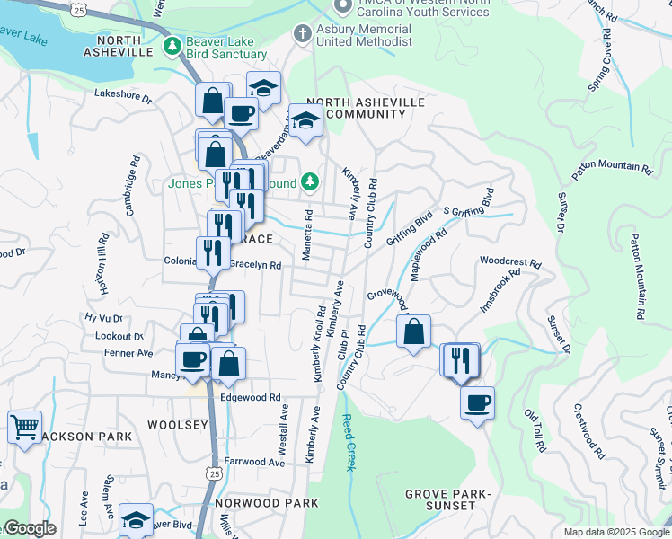 map of restaurants, bars, coffee shops, grocery stores, and more near 1 Griffing Boulevard in Asheville