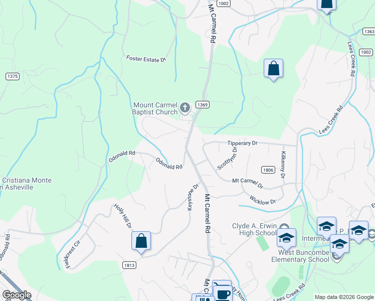 map of restaurants, bars, coffee shops, grocery stores, and more near 15 Odonald Road in Asheville