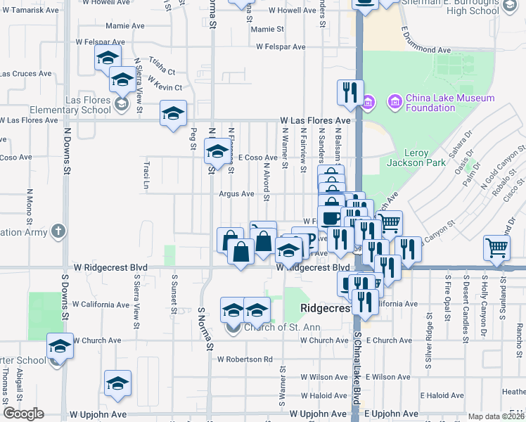 map of restaurants, bars, coffee shops, grocery stores, and more near 224 North Alvord Street in Ridgecrest