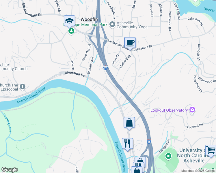 map of restaurants, bars, coffee shops, grocery stores, and more near 991 Riverside Drive in Asheville