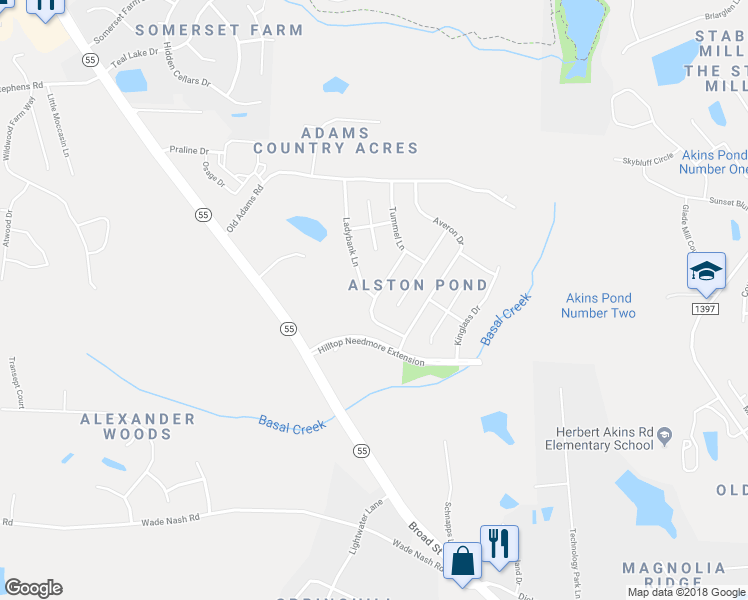 map of restaurants, bars, coffee shops, grocery stores, and more near 2538 Girvan Drive in Holly Springs