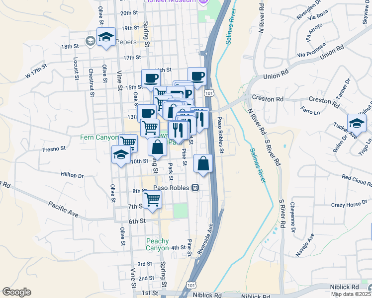 map of restaurants, bars, coffee shops, grocery stores, and more near 1020 Pine Street in Paso Robles