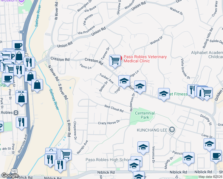 map of restaurants, bars, coffee shops, grocery stores, and more near 616 Trigo Lane in Paso Robles
