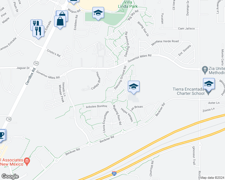 map of restaurants, bars, coffee shops, grocery stores, and more near 4251 Cactus Flower Lane in Santa Fe