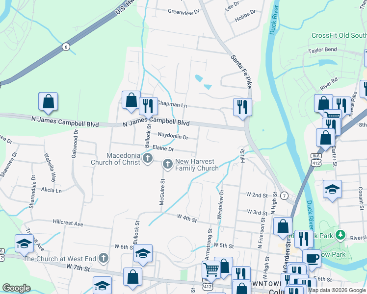 map of restaurants, bars, coffee shops, grocery stores, and more near 103 Elaine Drive in Columbia