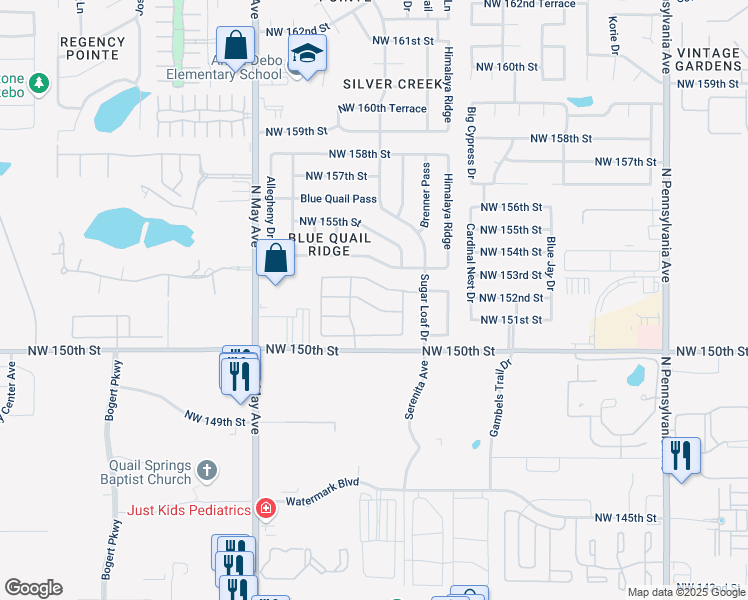 map of restaurants, bars, coffee shops, grocery stores, and more near 2620 Northwest 152nd Street in Edmond