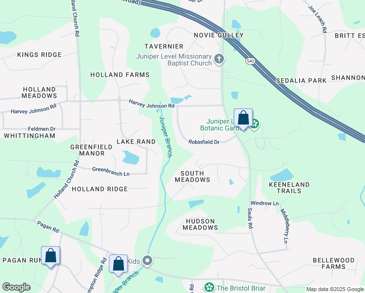 map of restaurants, bars, coffee shops, grocery stores, and more near 1113 Robinfield Drive in Raleigh