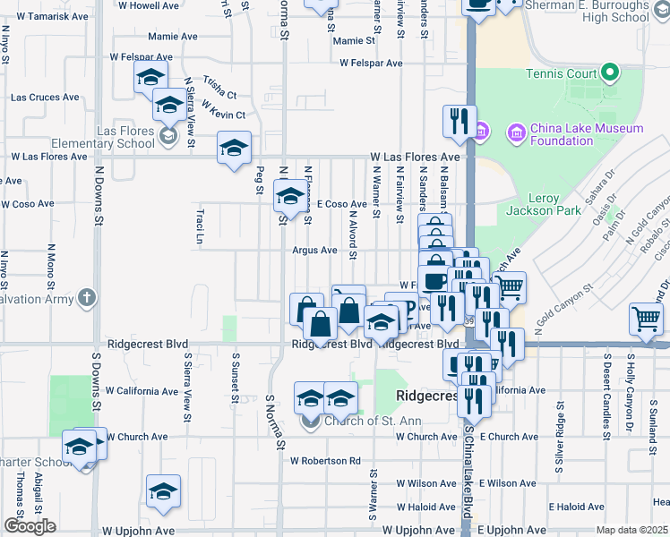 map of restaurants, bars, coffee shops, grocery stores, and more near 236 North Helena Street in Ridgecrest
