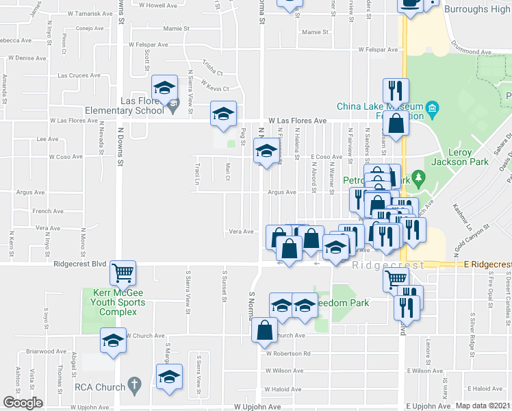 map of restaurants, bars, coffee shops, grocery stores, and more near 247 North Norma Street in Ridgecrest