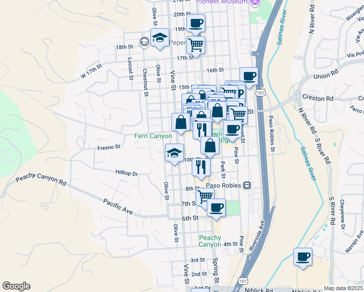 map of restaurants, bars, coffee shops, grocery stores, and more near 529 10th Street in Paso Robles