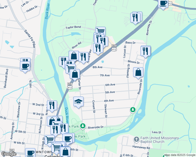 map of restaurants, bars, coffee shops, grocery stores, and more near 205 6th Avenue in Columbia