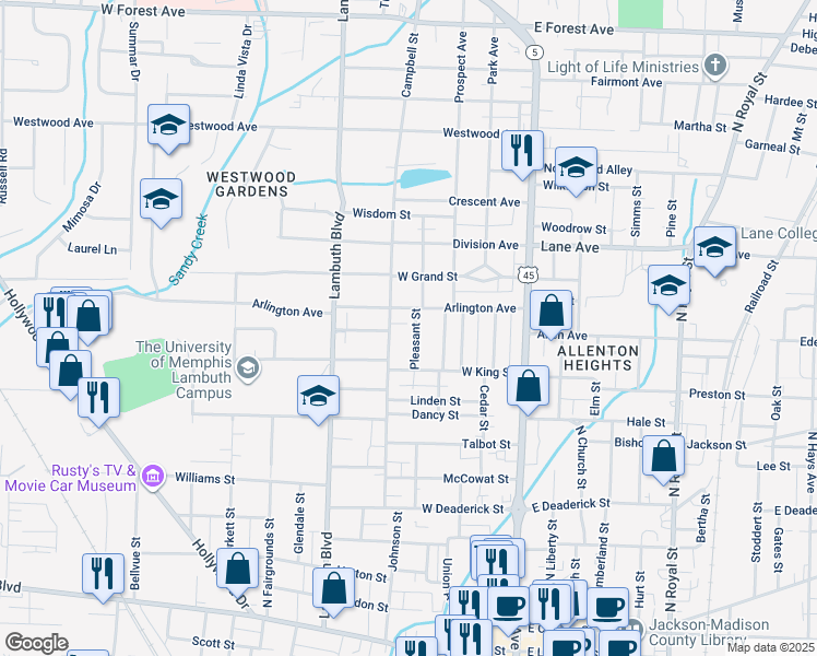 map of restaurants, bars, coffee shops, grocery stores, and more near 244 Campbell Street in Jackson