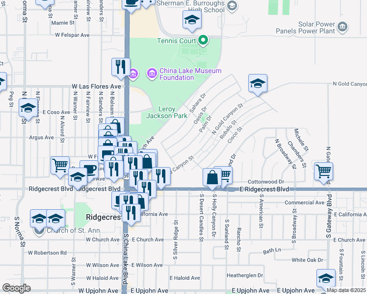 map of restaurants, bars, coffee shops, grocery stores, and more near 237 Palm Drive in Ridgecrest