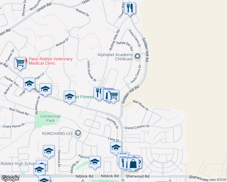 map of restaurants, bars, coffee shops, grocery stores, and more near 843 Hacienda Circle in Paso Robles
