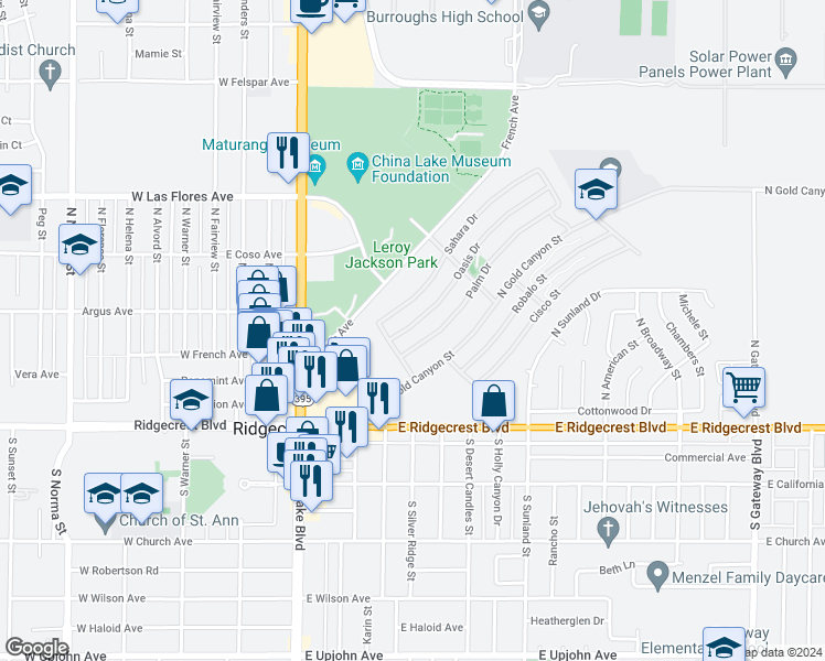 map of restaurants, bars, coffee shops, grocery stores, and more near 228 Oasis Drive in Ridgecrest