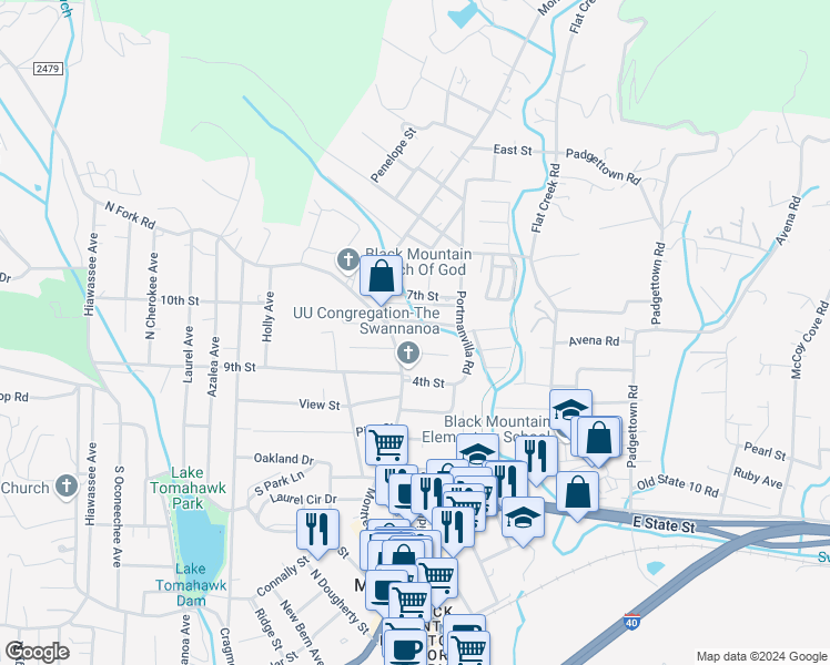 map of restaurants, bars, coffee shops, grocery stores, and more near 104 6th Street in Black Mountain