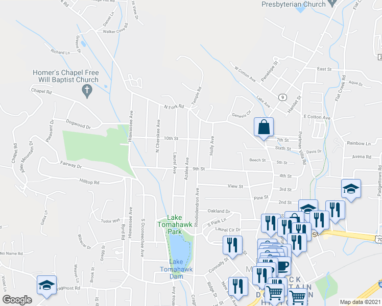 map of restaurants, bars, coffee shops, grocery stores, and more near 710 Azalea Avenue in Black Mountain