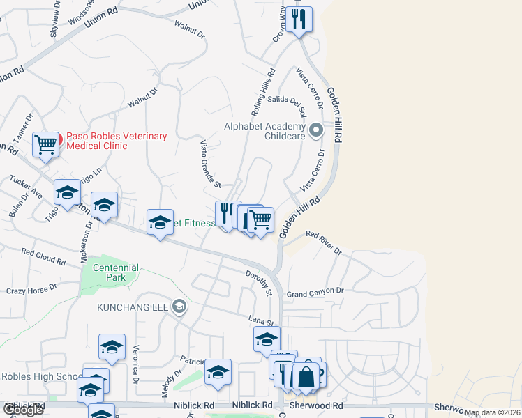 map of restaurants, bars, coffee shops, grocery stores, and more near 843 Hacienda Circle in Paso Robles