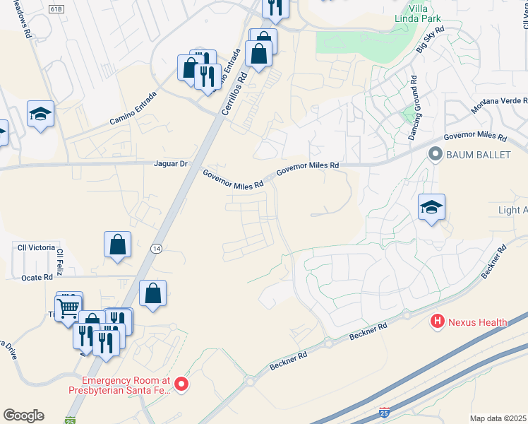 map of restaurants, bars, coffee shops, grocery stores, and more near 4730 Wheeler Peak in Santa Fe