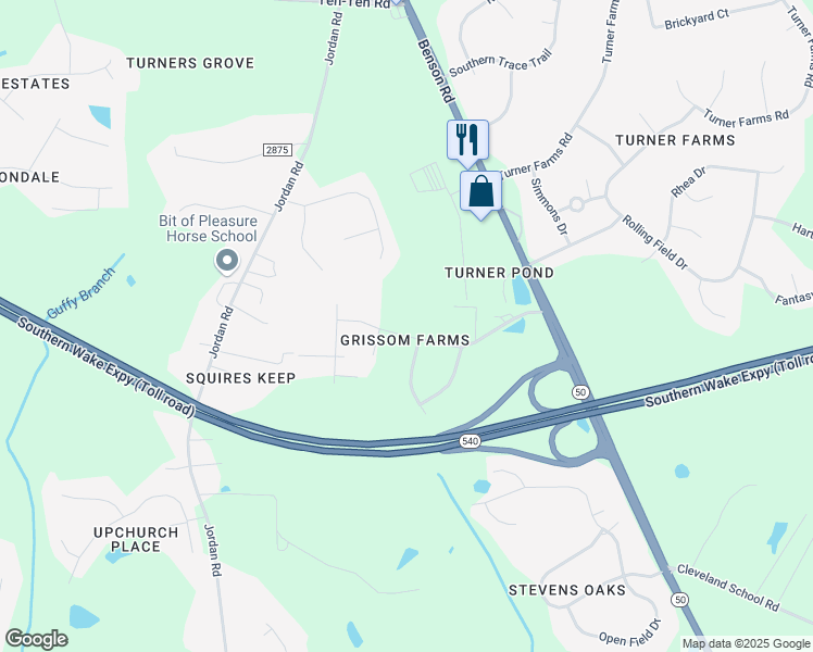 map of restaurants, bars, coffee shops, grocery stores, and more near 1029 Grissom Farm Road in Garner