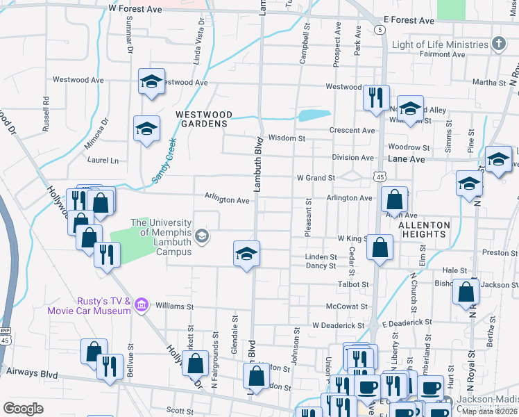 map of restaurants, bars, coffee shops, grocery stores, and more near 815 Lambuth Boulevard in Jackson