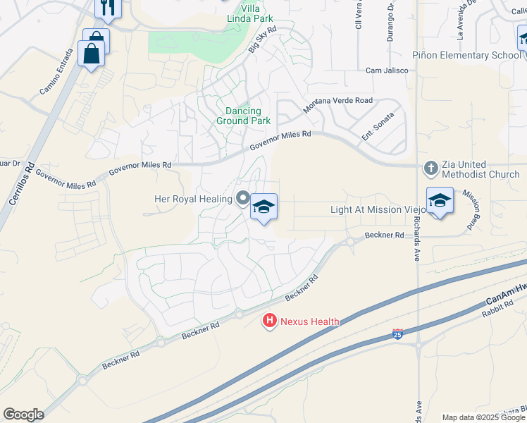 map of restaurants, bars, coffee shops, grocery stores, and more near 4100 Soaring Eagle Lane in Santa Fe