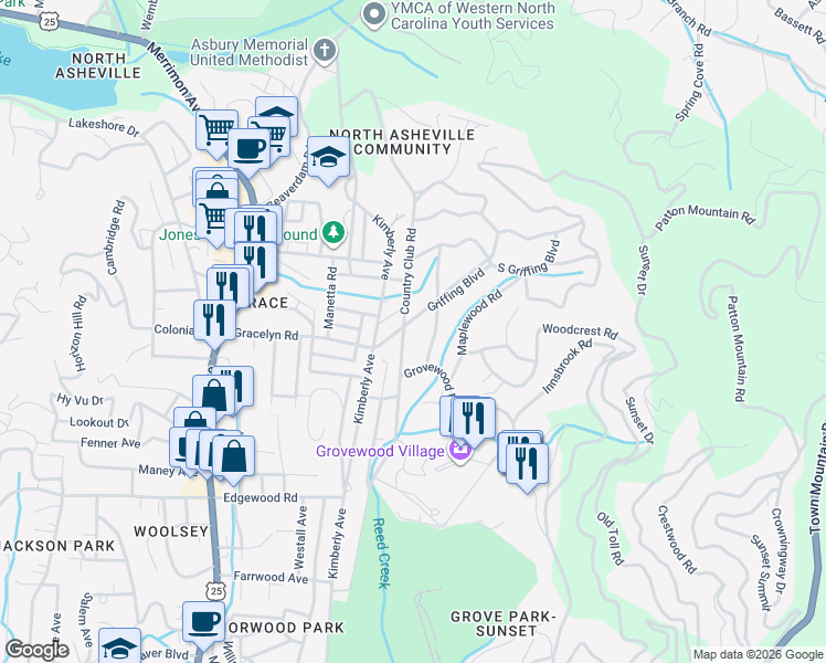 map of restaurants, bars, coffee shops, grocery stores, and more near 253 Country Club Road in Asheville