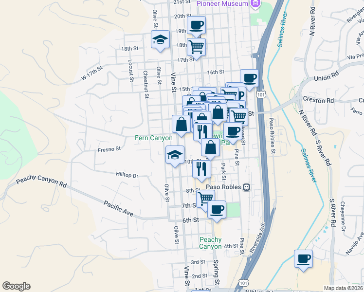 map of restaurants, bars, coffee shops, grocery stores, and more near 2 Paso Robles Road in Paso Robles