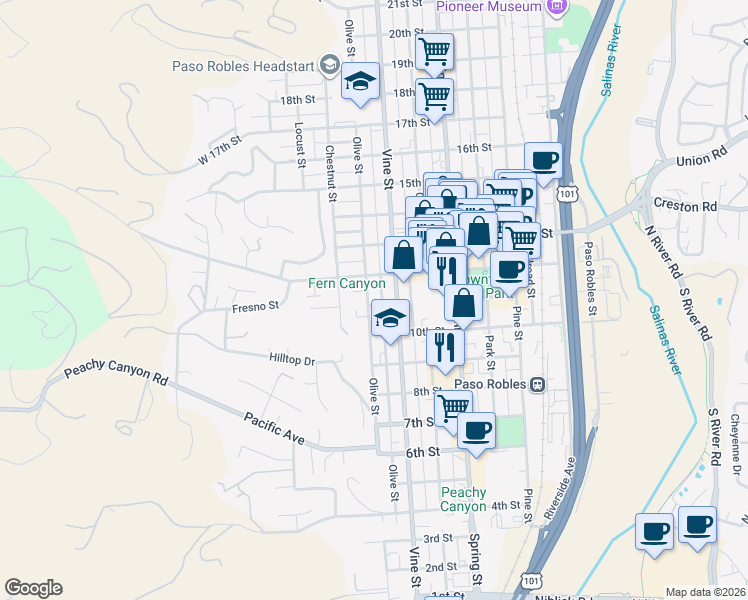 map of restaurants, bars, coffee shops, grocery stores, and more near 1025 Vine Street in Paso Robles