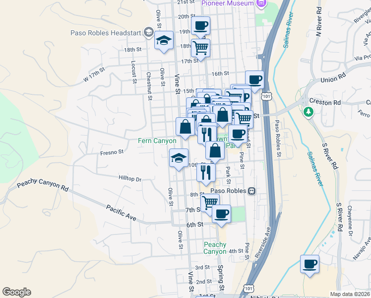 map of restaurants, bars, coffee shops, grocery stores, and more near 1104 Vine Street in Paso Robles