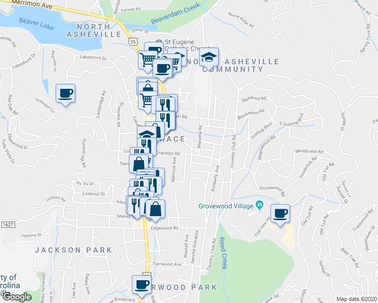 map of restaurants, bars, coffee shops, grocery stores, and more near 72 Gracelyn Road in Asheville