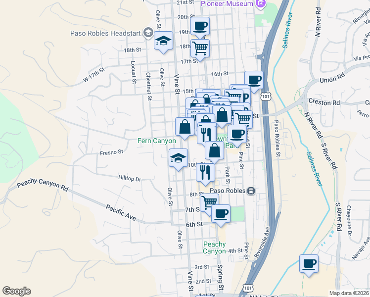 map of restaurants, bars, coffee shops, grocery stores, and more near 529 10th Street in Paso Robles