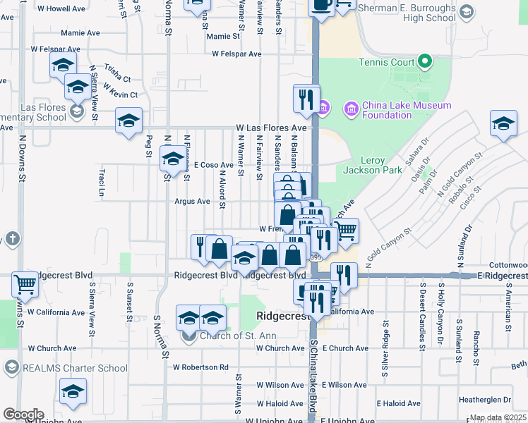 map of restaurants, bars, coffee shops, grocery stores, and more near 240 North Fairview Street in Ridgecrest