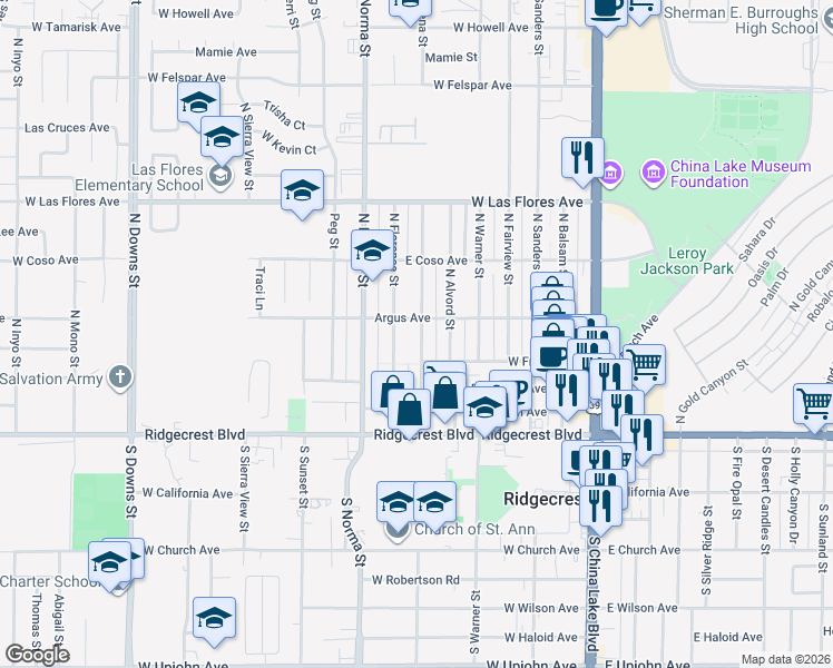 map of restaurants, bars, coffee shops, grocery stores, and more near 224 North Helena Street in Ridgecrest