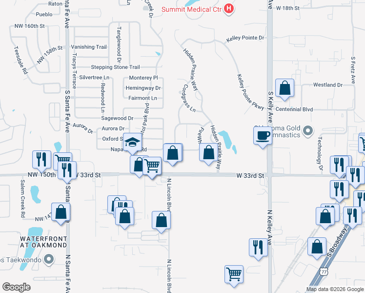 map of restaurants, bars, coffee shops, grocery stores, and more near 1501 Switchgrass Road in Edmond