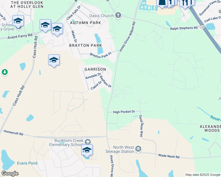 map of restaurants, bars, coffee shops, grocery stores, and more near 101 Bayham Drive in Holly Springs