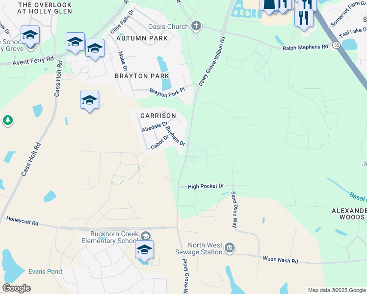 map of restaurants, bars, coffee shops, grocery stores, and more near 101 Bayham Drive in Holly Springs
