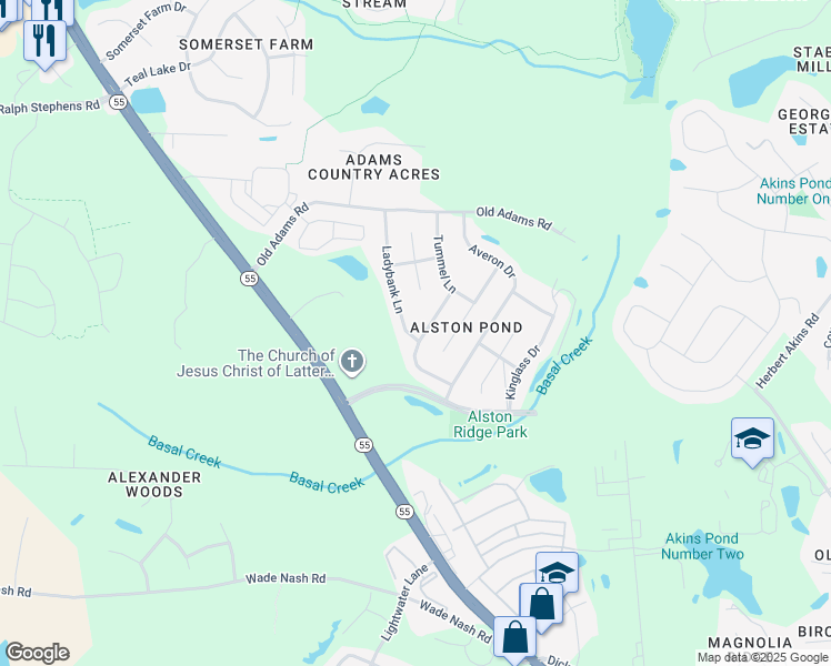 map of restaurants, bars, coffee shops, grocery stores, and more near 2434 Girvan Drive in Holly Springs