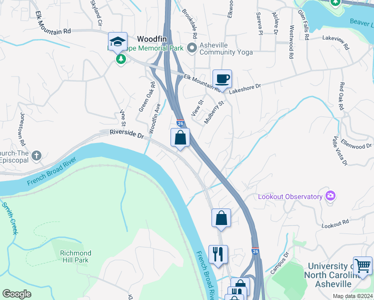 map of restaurants, bars, coffee shops, grocery stores, and more near 991 Riverside Drive in Asheville