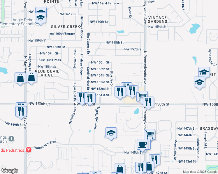 map of restaurants, bars, coffee shops, grocery stores, and more near 2305 Northwest 152nd Street in Edmond