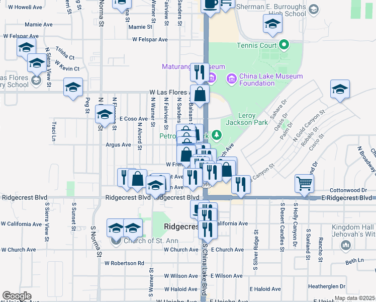 map of restaurants, bars, coffee shops, grocery stores, and more near 259 Balsam Street in Ridgecrest