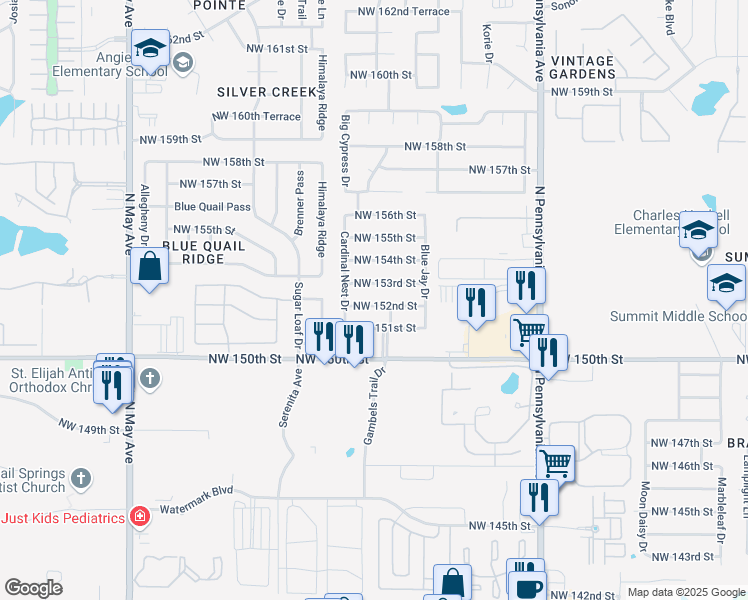 map of restaurants, bars, coffee shops, grocery stores, and more near 2405 Northwest 152nd Street in Edmond