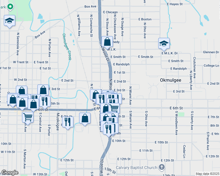 map of restaurants, bars, coffee shops, grocery stores, and more near 320 North Wood Drive in Okmulgee