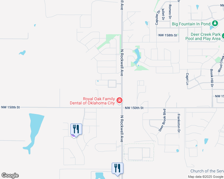 map of restaurants, bars, coffee shops, grocery stores, and more near 7116 Northwest 153rd Street in Edmond