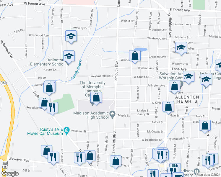 map of restaurants, bars, coffee shops, grocery stores, and more near 506 Arlington Avenue in Jackson