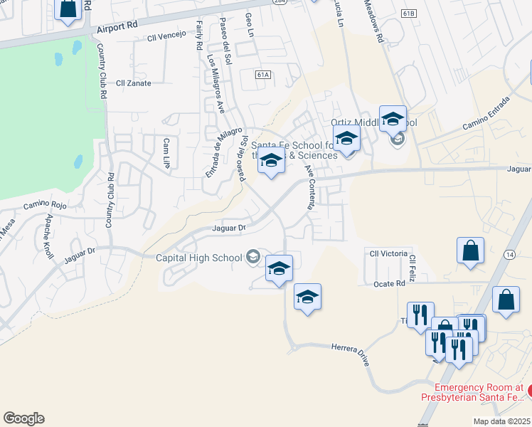 map of restaurants, bars, coffee shops, grocery stores, and more near 6251 Jaguar Drive in Santa Fe