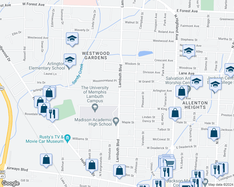 map of restaurants, bars, coffee shops, grocery stores, and more near 835 Lambuth Boulevard in Jackson