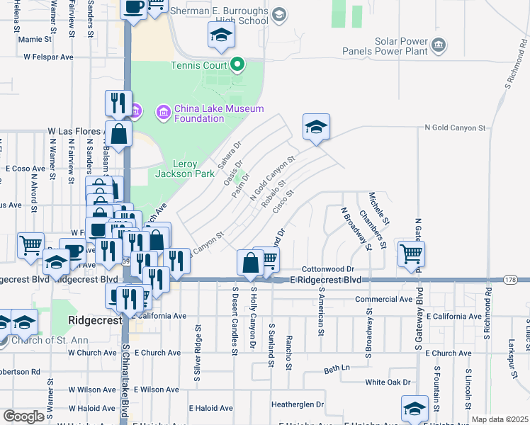 map of restaurants, bars, coffee shops, grocery stores, and more near 349 Robalo Street in Ridgecrest